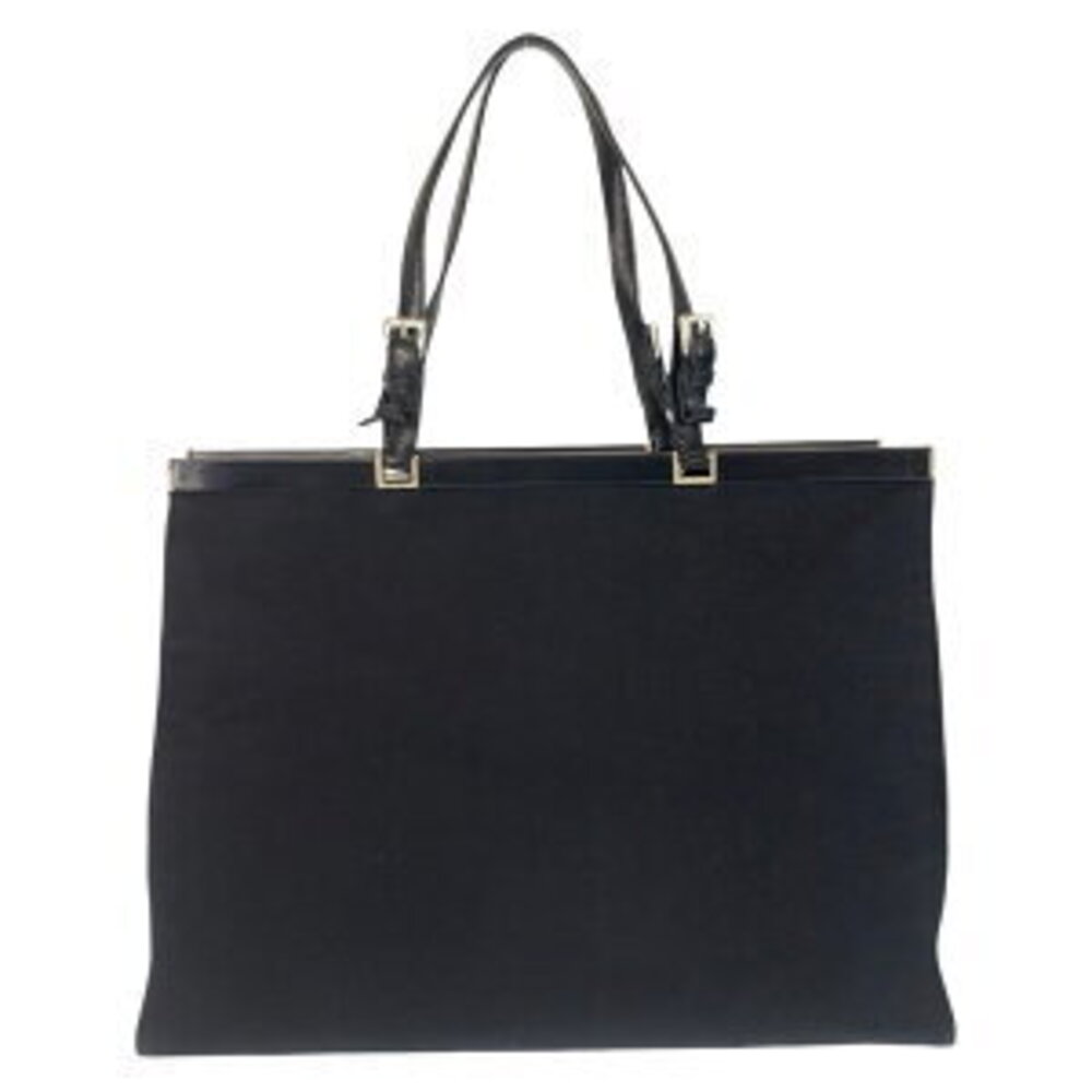 Prada Tote Bag Logo Shoulder Triangle Plate Canvas Black